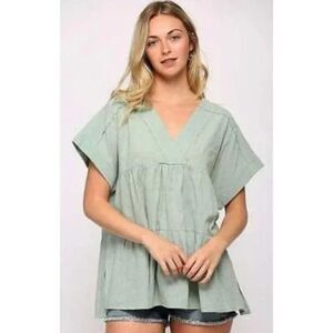 New Gigio M 8 10 Pastel Mint Green Textured Cotton Tiered Top OVERSIZED